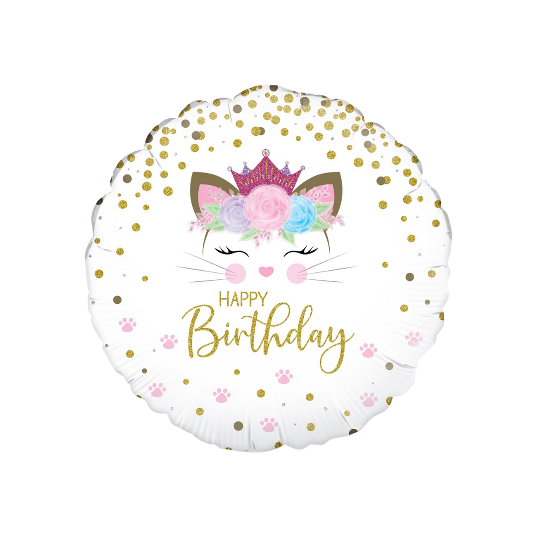 White 18in kitten Happy Birthday foil balloon with pink and gold accents for birthday parties – from Parte Haus party supply store in Bethesda, Maryland.