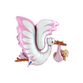 White pink stork foil balloon shaped like a stork with baby for baby shower from Parte Haus party supply store in Bethesda MD