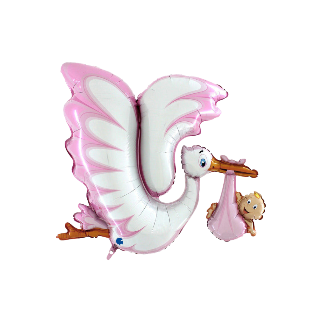 White pink stork foil balloon shaped like a stork with baby for baby shower from Parte Haus party supply store in Bethesda MD