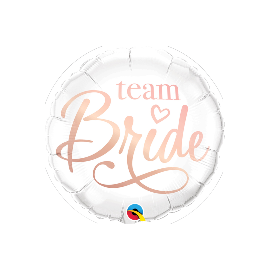 White 18in rose gold Team Bride foil balloon for bridal showers from Parte Haus party supply store in Bethesda, MD.