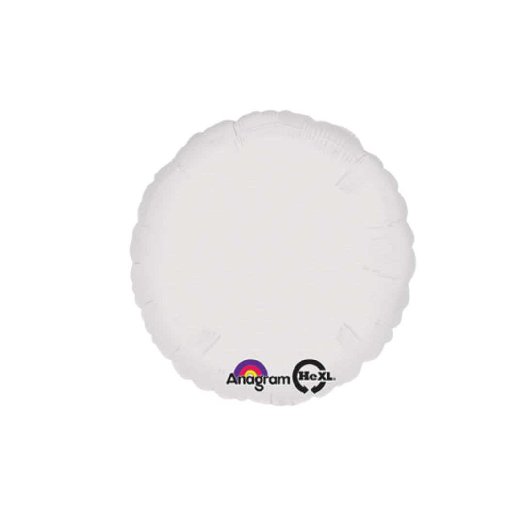White 18in round foil balloon with a glossy finish for birthdays, weddings, and graduations – from Parte Haus party supply store in Bethesda, Maryland.