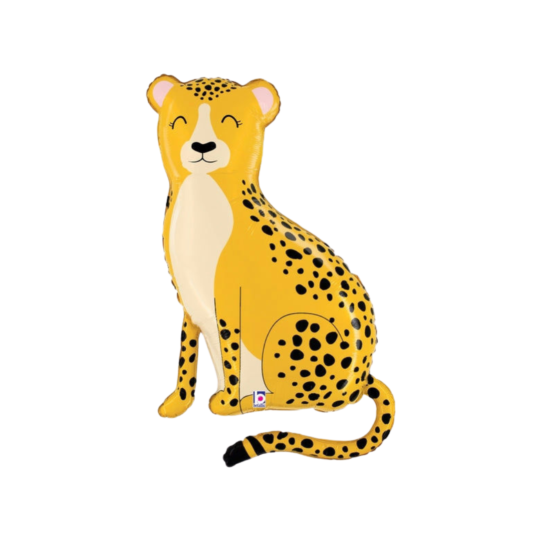 Yellow cheetah foil balloon with black spots for birthday from Parte Haus party supply store in Bethesda MD