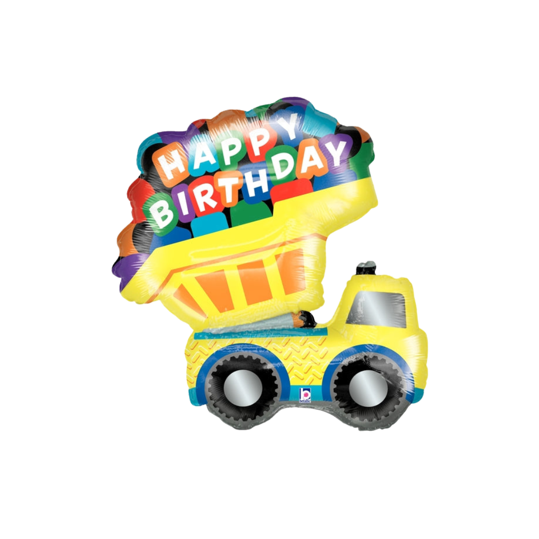 Yellow dump truck foil balloon with happy birthday text birthday theme from Parte Haus party supply store in Bethesda MD