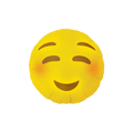 Yellow emoji blushing foil balloon with smiling face birthday theme from Parte Haus party supply store in Bethesda MD.