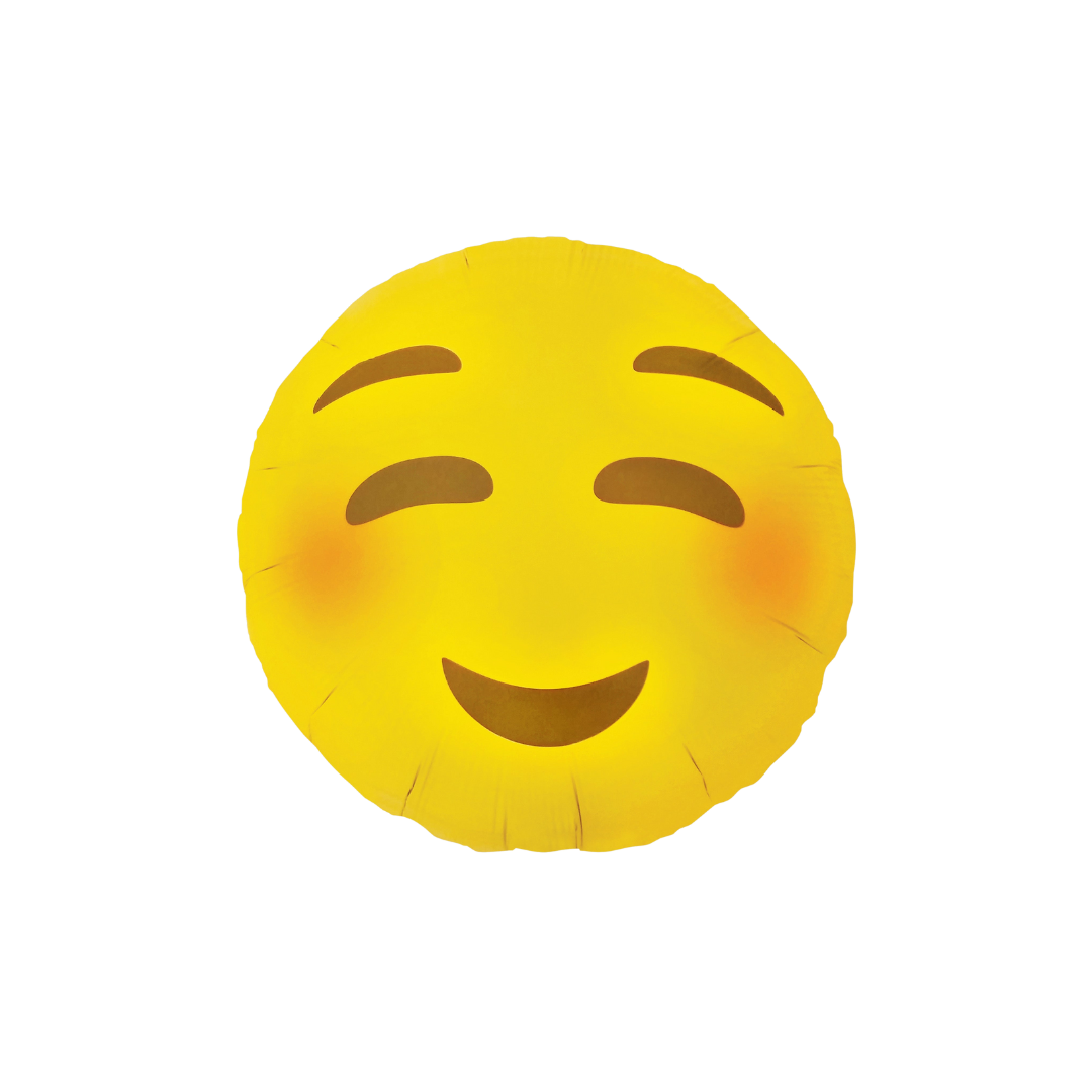 Yellow emoji blushing foil balloon with smiling face birthday theme from Parte Haus party supply store in Bethesda MD.