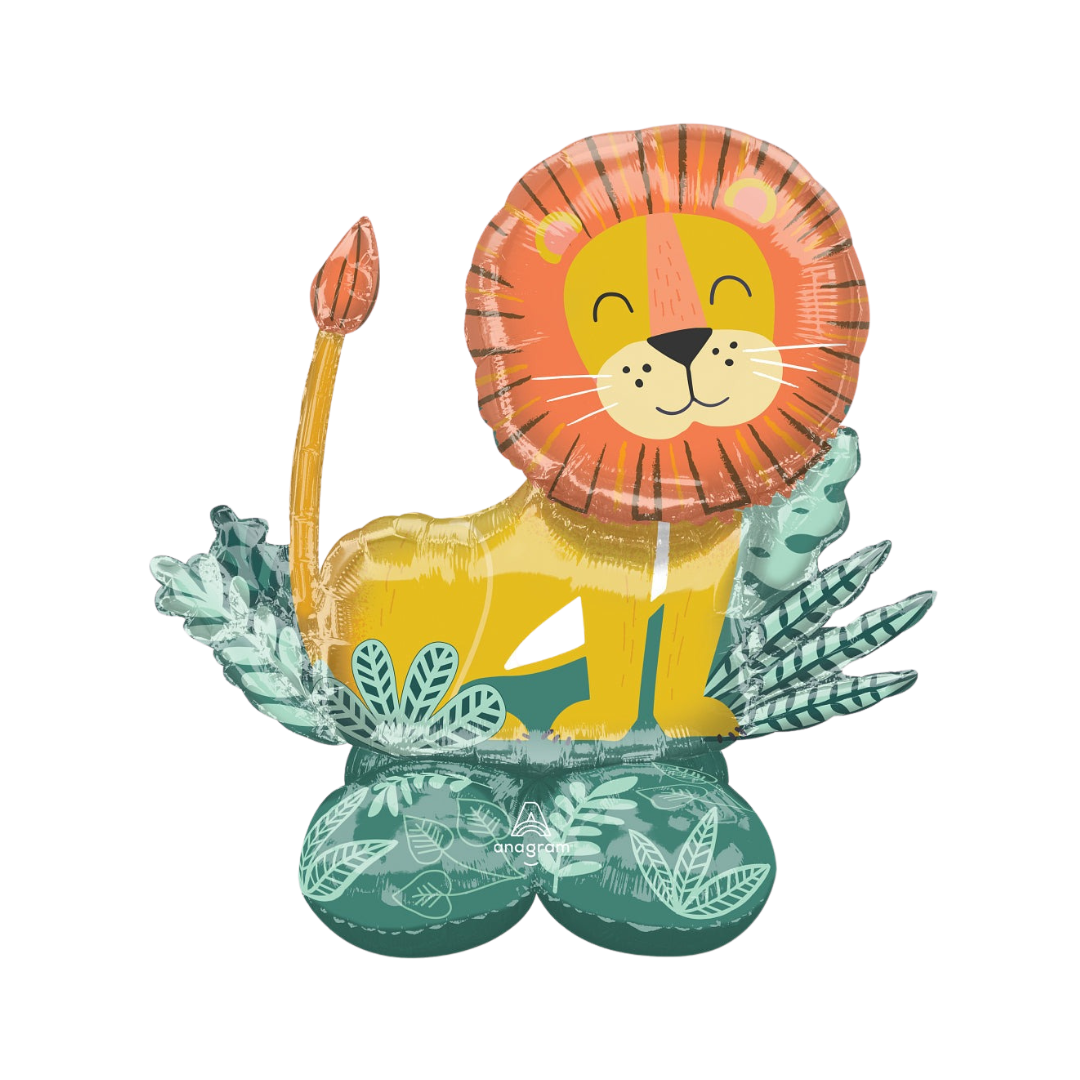 Yellow lion shaped foil balloon with jungle leaves jungle birthday party from Parte Haus party supply store in Bethesda Maryland