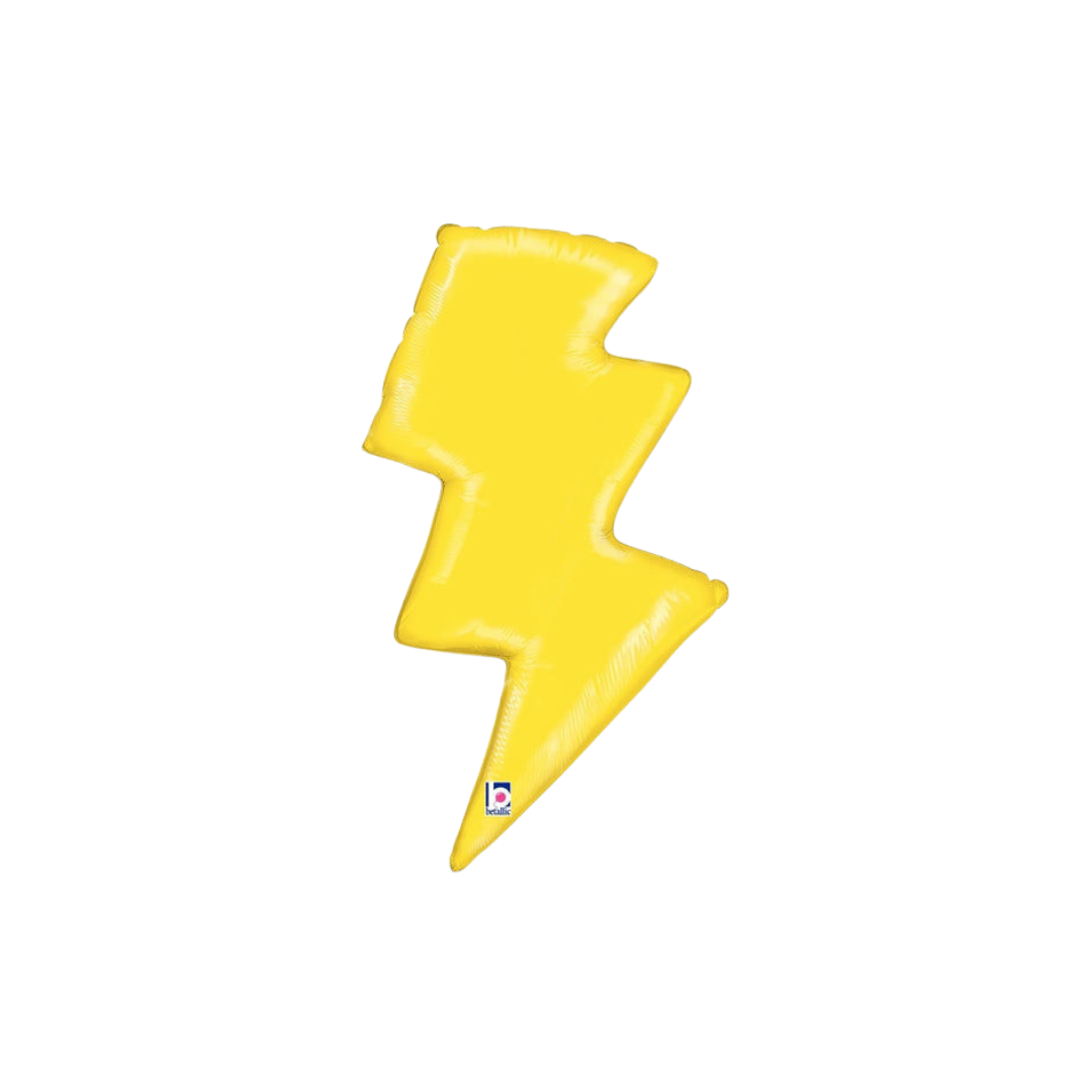 Yellow 36in lightning bolt foil balloon for birthday parties – from Parte Haus party supply store in Bethesda, Maryland.