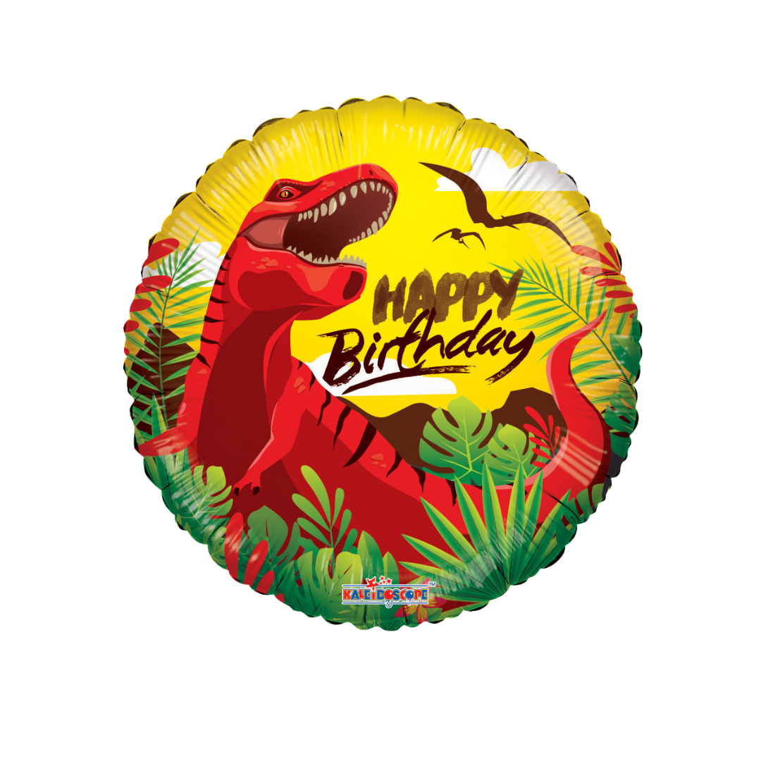 Yellow 18in dinosaur Happy Birthday foil balloon for birthday parties – from Parte Haus party supply store in Bethesda, MD.