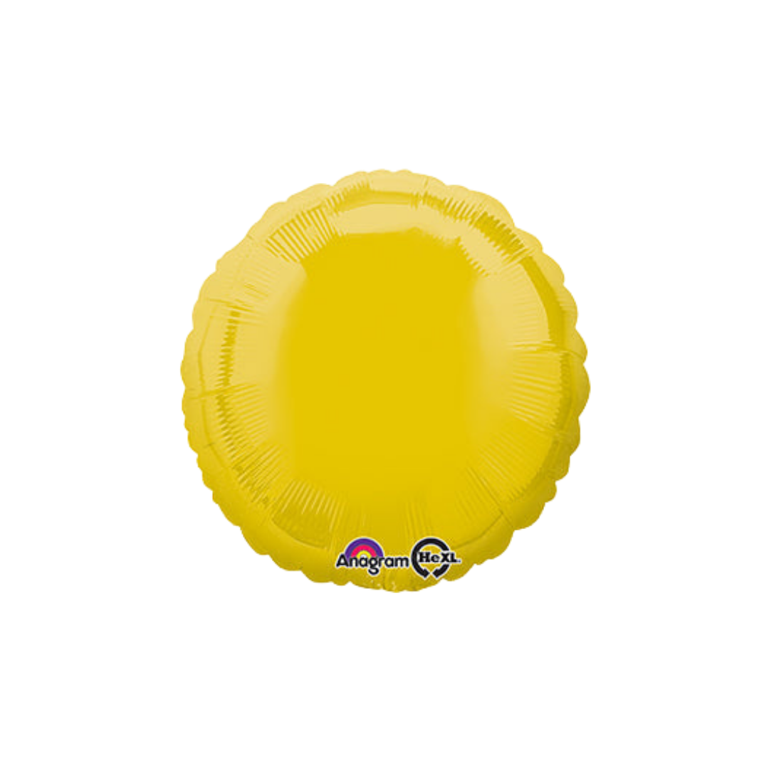 Yellow round foil balloon with a shiny finish birthday party from Parte Haus party supply store in Bethesda Maryland