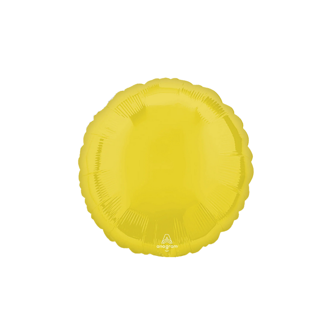 Yellow 18in round foil balloon with a glossy finish for birthdays, weddings, and graduations – from Parte Haus party supply store in Bethesda, MD.