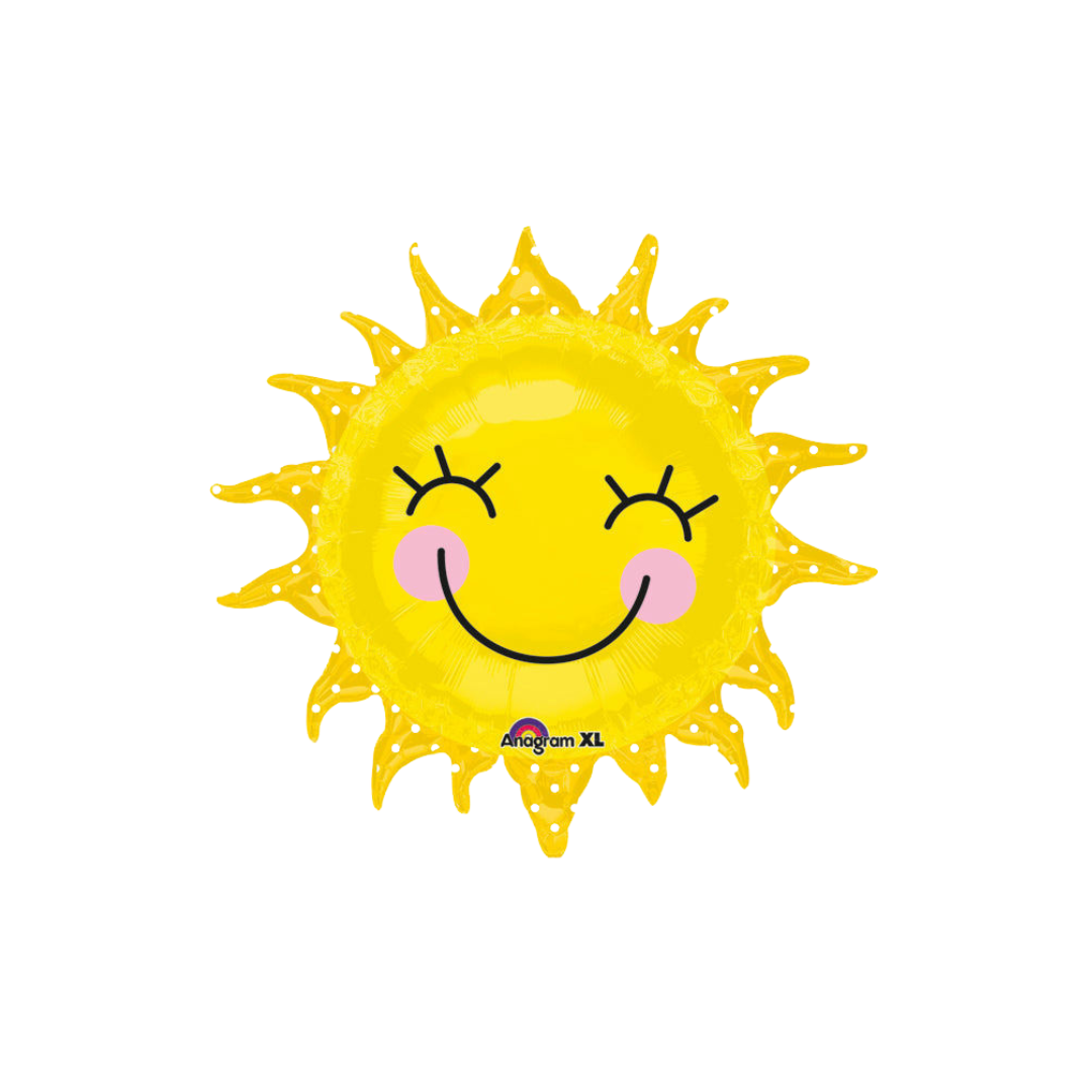 Yellow 29in smiling sun foil balloon for birthday parties – from Parte Haus party supply store in Bethesda, Maryland.